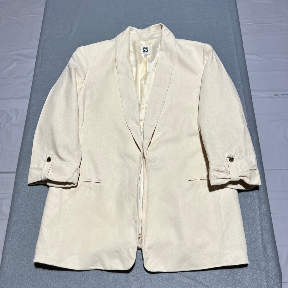 Anne Klein Cream Linen Blend Shawl Collar 3/4 Sleeve Blazer Jacket Size L